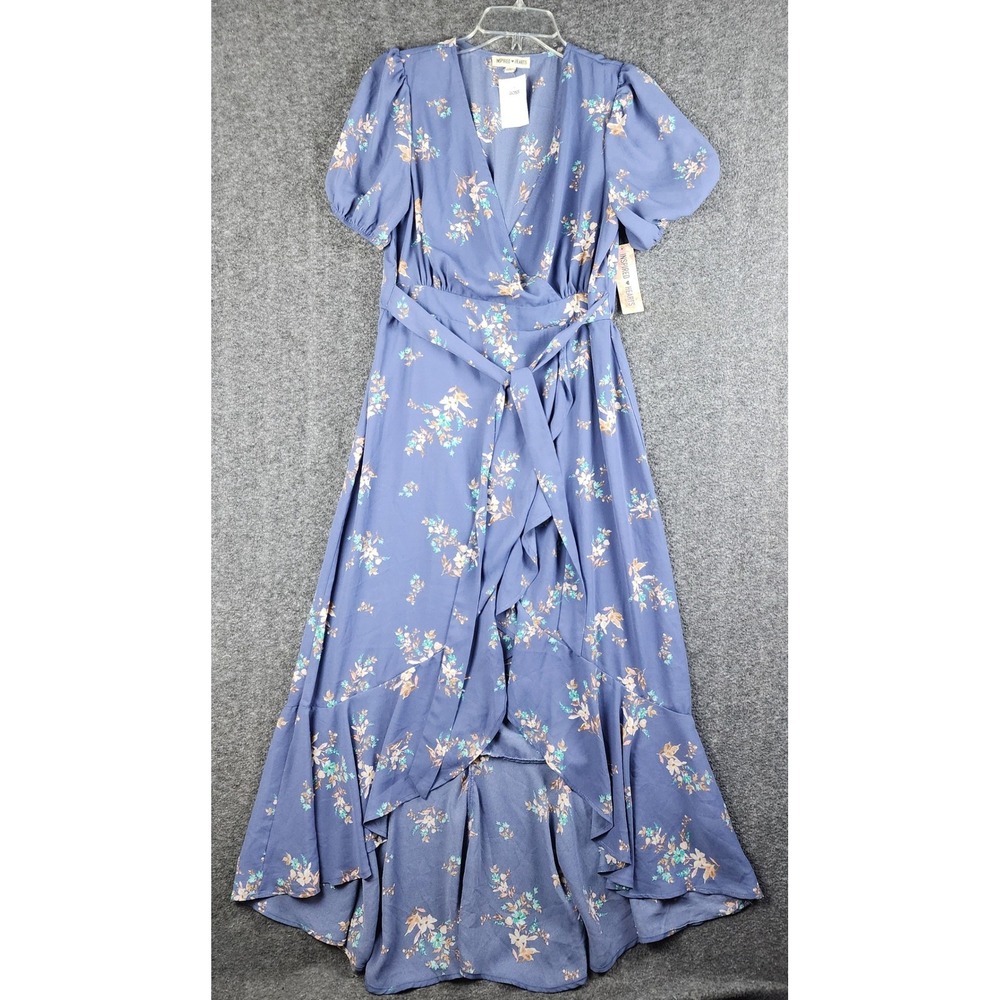 Inspired Hearts Maxi Dress Womens Large Blue Floral High-Low Ruffle Wrap NWT